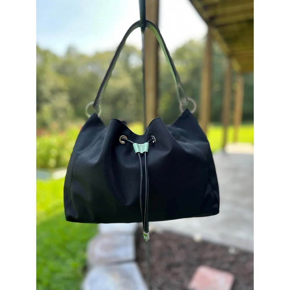 Kate Spade Drawstring Shoulder or Tote Bag Black Green Trim Nylon Like New!